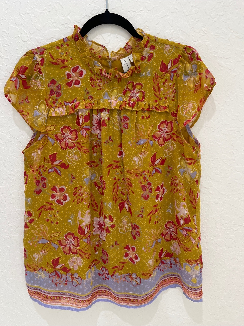 Joie Mustard Floral Ruffle Cap-Sleeve Blouse